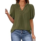PRETTYGARDEN Womens Casual Summer Tops 2025 V Neck Short Puff Sleeve Pleated Cotton T Shirts Loose Dressy Blouses