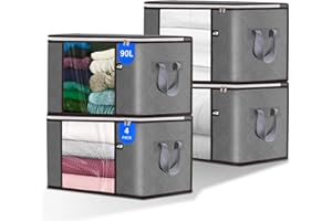 HOTBAG 90L Large Storage Bag, 4 Pack Foldable Blanket Storage Bins, Clothing Storage Bins, Foldable Clothes Organizer and Storage Containers with Lids and Handle for Organizing Bedroom, Closet, Clothing