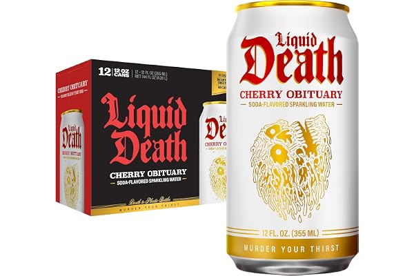 Liquid Death Soda-Flavored Sparkling Water - Cherry Obituary, Less Sugar*, Huge Flavor, No Caffeine, No Artificial Sweeteners, 12 Fl Oz (Pack of 12)