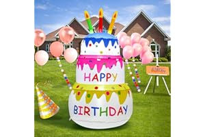 InfleasJoiy 4ft inflatable happy birthday inflatable cake with candles, built-in LED lights, blow-up inflatable indoor outdoor courtyard lawn decoration