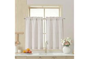 LIVEKID 2 Panels Natural Cafe Curtains 36 Inch Length, Thick Textured Small Kitchen Window Curtains Over Sink, Light Filterin