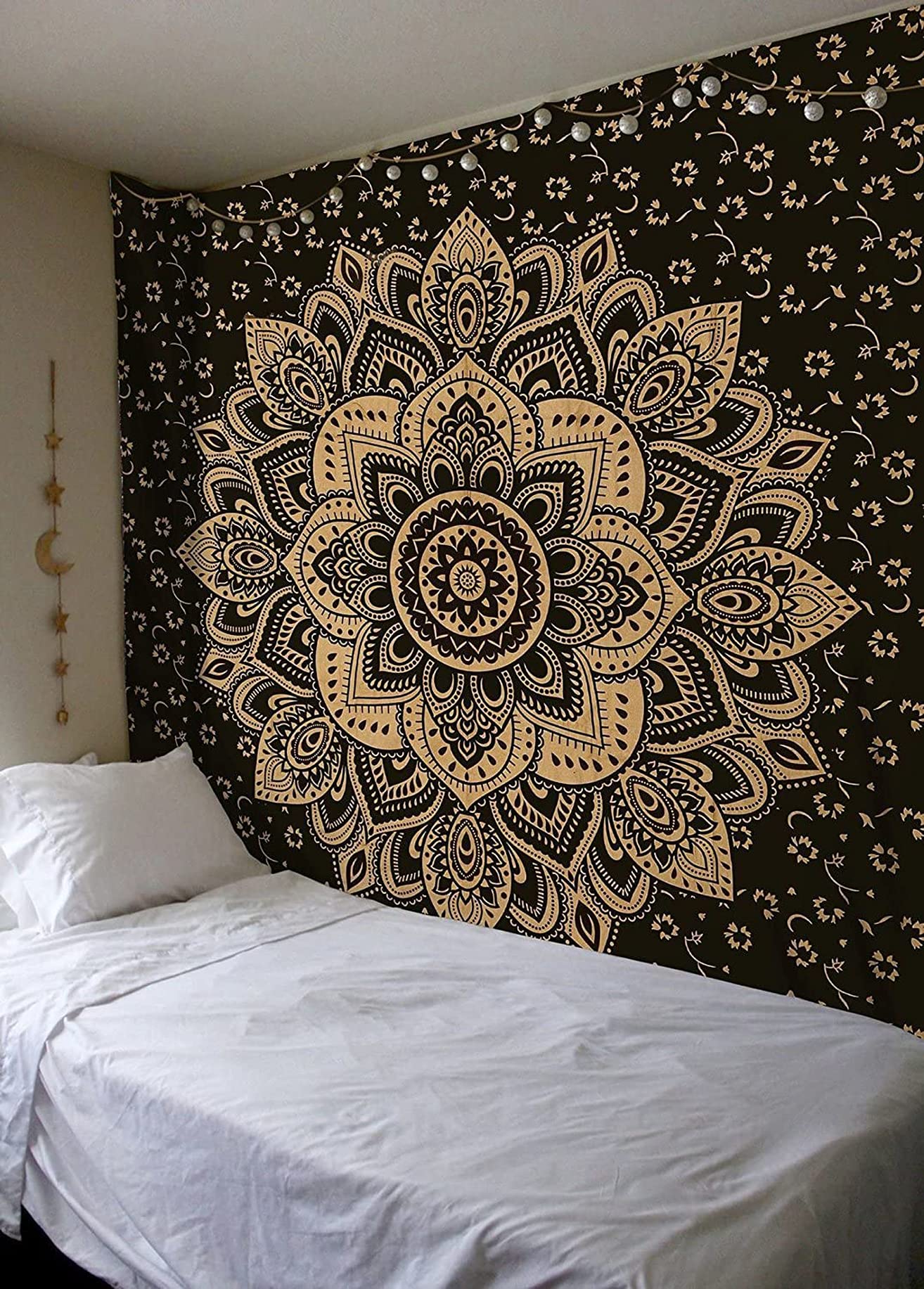 raajsee Indian Tapestry, Mandala, Black Gold, Boho Wall Decoration, Aesthetic Room Décor, Mandala Wall Tapestry, Wall Hanging, Psychedelic, Queen (82x92 Inches / 208x232 Cms)