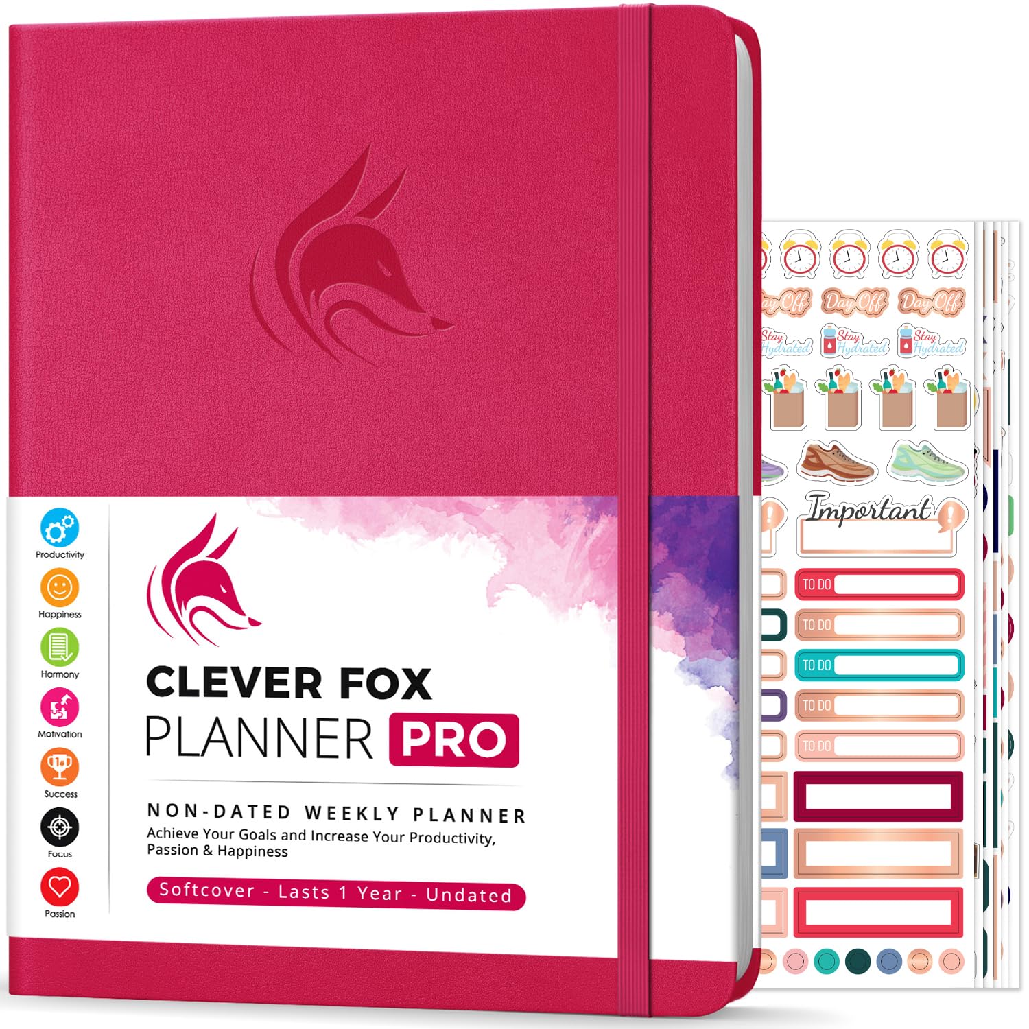 Clever Fox Planner PRO – Weekly & Monthly Life Planner to Increase Productivity, Time Management and Hit Your Goals, 21.5x28cm (Dark Pink)