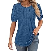 Riyiper Women's Short Sleeve Pleated Tops Crew Neck Puff Sleeve Spring Blouses Tunic Top Summer Dressy Casual T Shirt