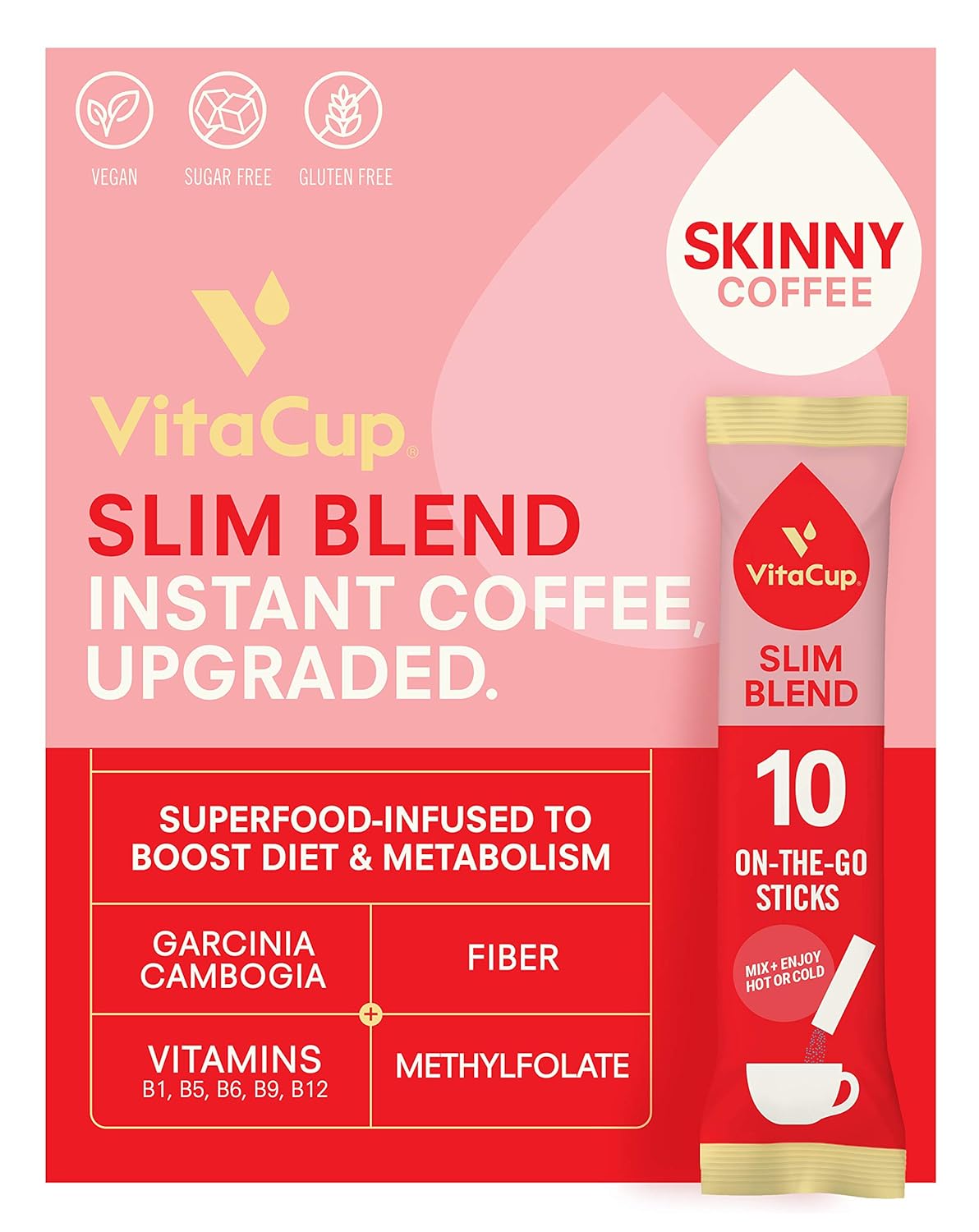 VitaCup Slim Coffee Instant Coffee Packets for Diet & Metabolism, Serve Hot or Cold with Vitamins B1, B5, B6, B9, B12 in Single Serve Sticks 10 CT : Grocery & Gourmet Food