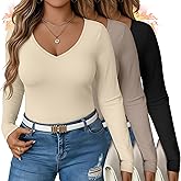 Sweetyweee 3 Pack Women's Plus Size Long Sleeve Thermal Shirts, V Neck Slim Fitted Fleece Underwear Basic Tees