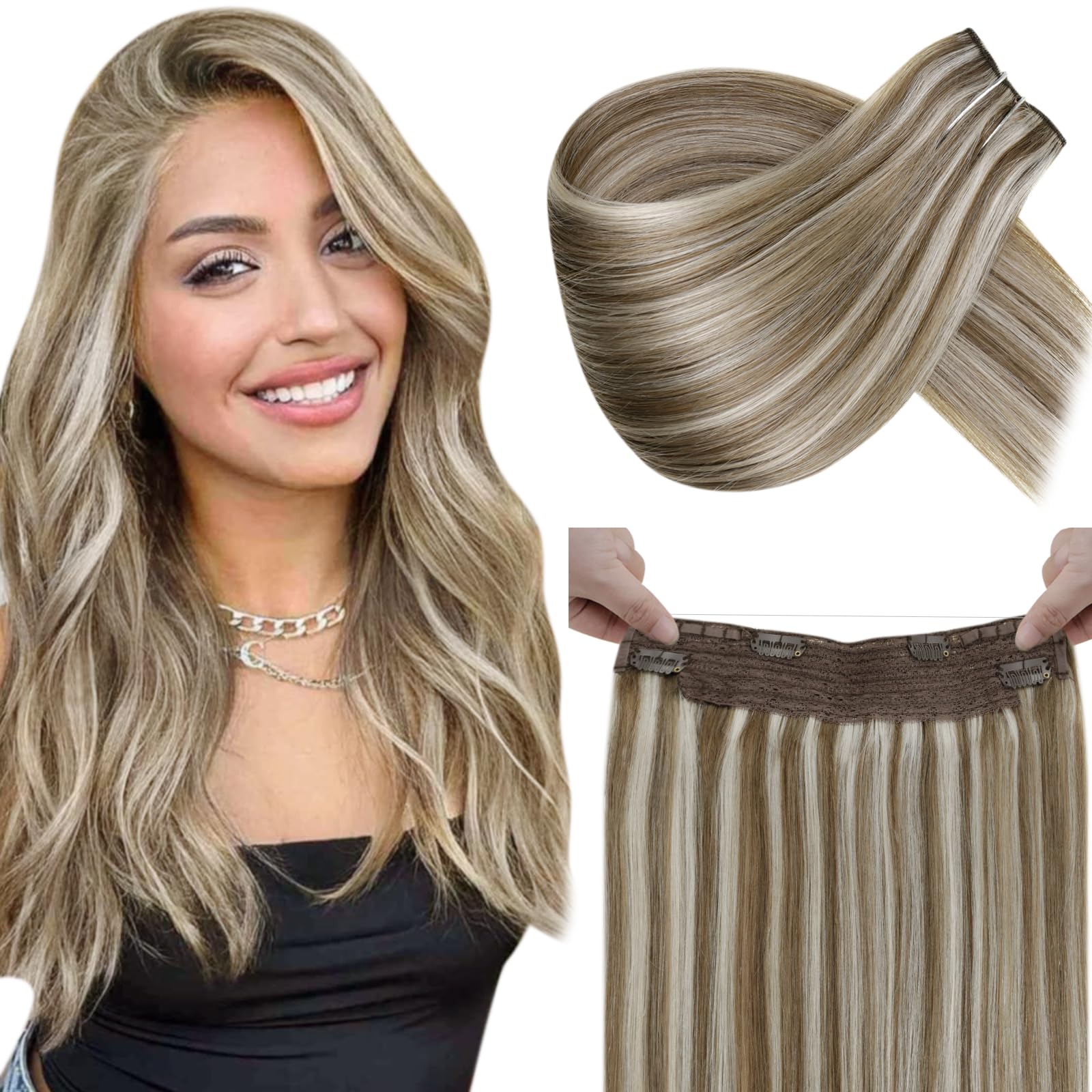 LaaVoo Human Hair Extensions Highlight Light Brown & White Blonde Real Remy Hair Invisible Wire Undetectable 100% Real Straight Hair Extensions Long-Lasting 80g 16 Inch #p8/24