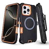 for iPhone 16 Pro Max Case with Belt Clip Holster, [Compatible with MagSafe] Heavy Duty Military Grade Protection, 3-Layer Rugged Shockproof for iPhone 16 Pro Max Case with Kickstand (Black+Orange)