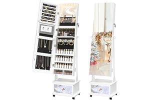 TJYGO Mirror Jewelry Cabinet Standing, Full Length Mirror Jewelry Armoire with Wheels, 360° Rotating Jewelry Storage with LED Lights, Lockable Jewelry Organizer for Girls