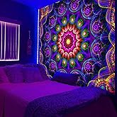 PSYHILAR Blacklight Trippy Mandala Tapestry, Boho Black Light Posters for Adults UV Reactive Room Decor for Bedroom Wall (60 x 50 Inches)