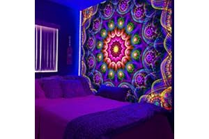 PSYHILAR Blacklight Trippy Mandala Tapestry, Boho Black Light Posters for Adults UV Reactive Room Decor for Bedroom Wall (60 x 50 Inches)