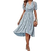 PRETTYGARDEN Women's Floral Wrap V-Neck Midi Dress Short Sleeve Boho Summer Beach Long Dress High Low Hem Smocked Dress Women