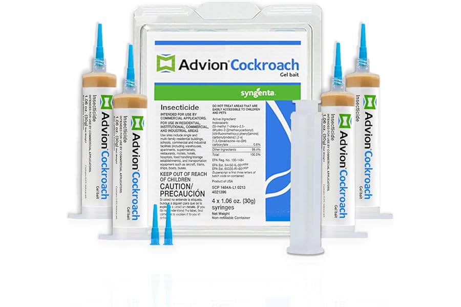 Advion Cockroach Gel Bait, 4 Tubes x 30-Grams, 1 Plunger and 2 Tips, German Roach Insect Pest Control, Indoor and Outdoor Use, Roach Killer Gel for American, German and Other Major Cockroach Species