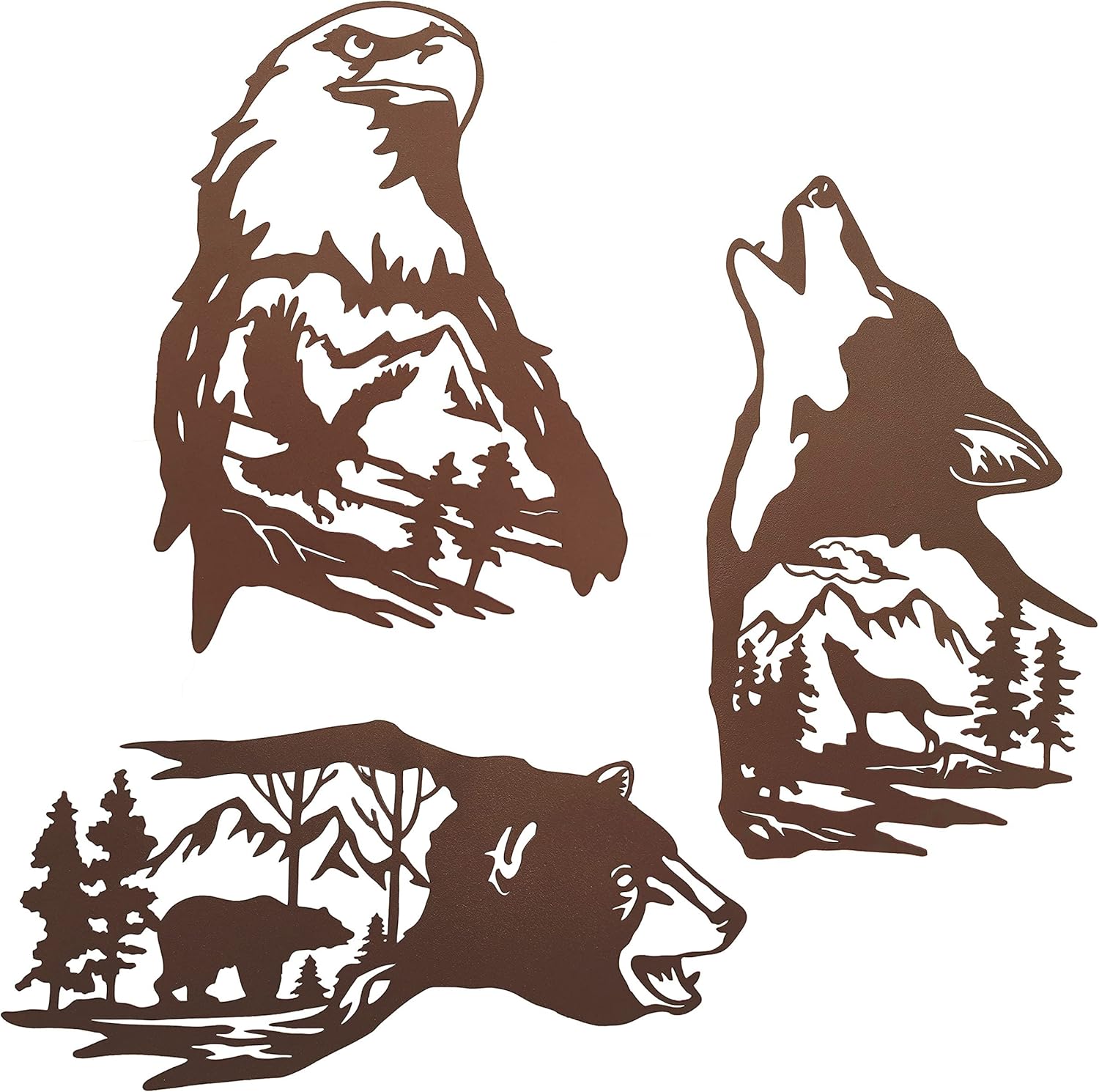 Plaques & Wall Art - J-Fly Metal Bear Wall Decor Eagle Wall Decor Wildlife Wall Art Rustic Cabin Decor Laser Cut Bear and Wolf Eagle For Living Room Bedroom Bathroom etc Indoor & Outdoor Decor 3 Pack