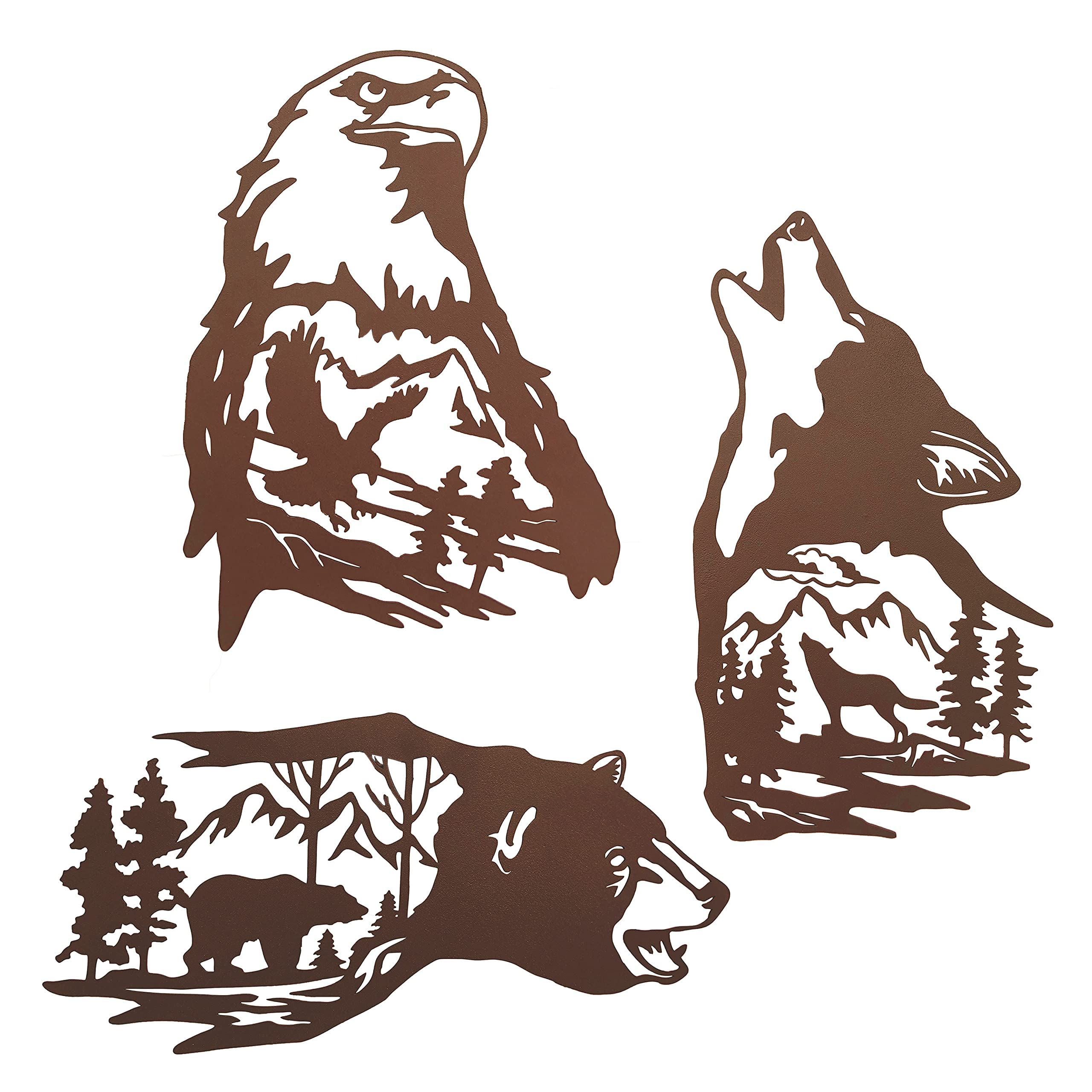 J-Fly Metal Bear & Wolf Eagle Laser Cut Wall Art - Rustic Cabin Decor - 3 Pack for Living Room, Bedroom, Bathroom & Outdoor