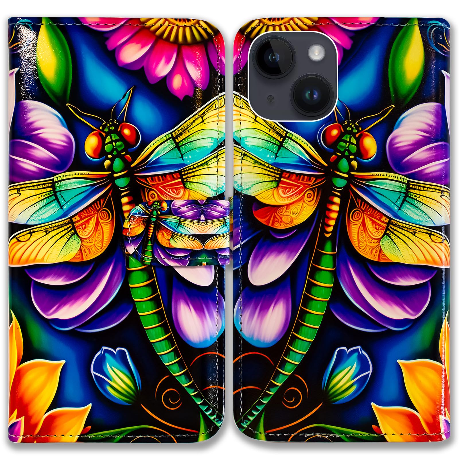 Bcov iPhone 15 Case,Colorful Dragonfly Flowers Leather Flip Phone Case Wallet Cover with Card Slot Holder Kickstand for iPhone 15
