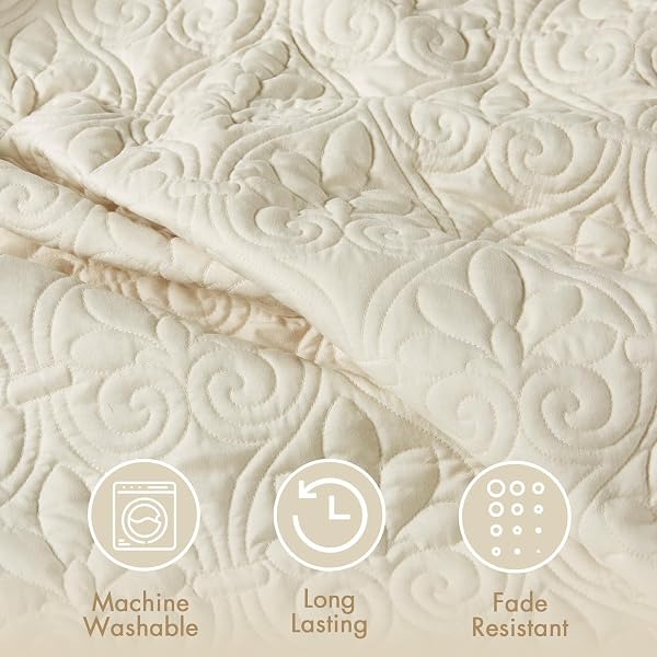 MADISON PARK QUEBEC SPLIT CORNER QUILTED BEDSPREAD CLASSIC TRADITIONAL DESIGN ALL SEASON, LIGHTWEIGHT, BEDDING SET, MATCHING SHAMS, QUEEN, DAMASK QUILTED CREAM 3 PIECE