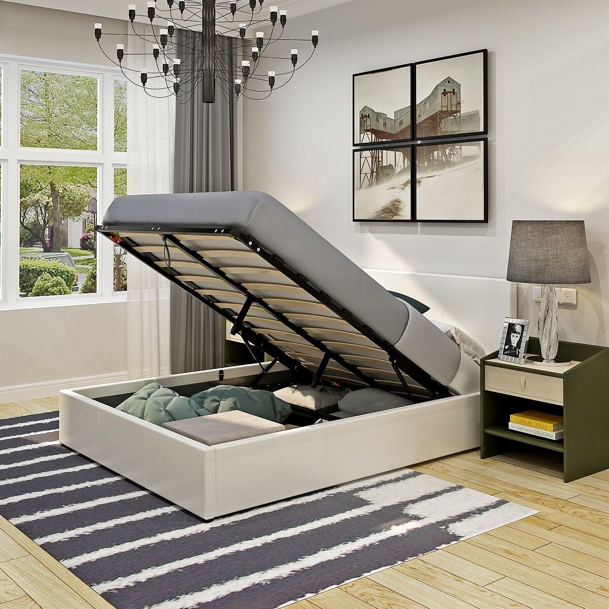 PALDIN Storage bed frame, 3FT Gas Lift Up bed Modern Faux Leather Single bed frame with Headboard For Bedroom White