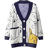 VDWIP Women's Cat Sweater Cardigan Oversized Kawaii Cartoon Button Down Open Front Cat Print Knit Vintage Cardigan Sweater