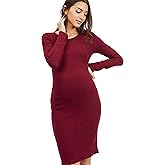 HELLO MIZ Women's Ribbed Maternity Knit Dress with Long Sleeve (Burgundy,M)