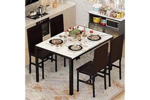 DKLGG Dining Table Set for 4, 5 Piece Kitchen Table Set with PU Leather Chairs Space-Saving Faux Marble Dining Room Table Set for 4 for Small Home Kitchen, Apartment
