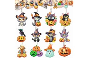 DEMONWER 12 Pcs Halloween Cat Diamond Keychains Kit Double Sided DIY Cute Halloween Cat Diamond Keychains for Beginners Adults Art Craft Supplies Holiday Gift