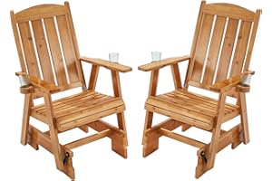 HOMREST Wooden Patio Glider Chair Set of 2 with Cup Holders Heavy Duty 700LBS Outdoor Rocking Chair with Ergonomic Deep Contoured Seat and High Roll Back for Porch Garden Balcony (Brown)