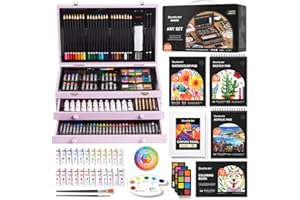 Shuttle Art Deluxe Gift Art Kit, 202-Piece Wooden Art Supplies Set with 4 Drawing Pads, Canvases, Coloring Sheets, Acrylic Pa