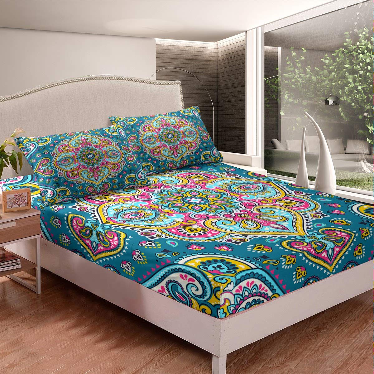 Loussiesd Boho Mandala Bedding Set Bohemian Style Fitted Sheet For Kids Children Teens Colorful Hippie Mandala Bed Sheet Set Exotic Floral Bed Cover Bedroom Decor 3Pcs King Size