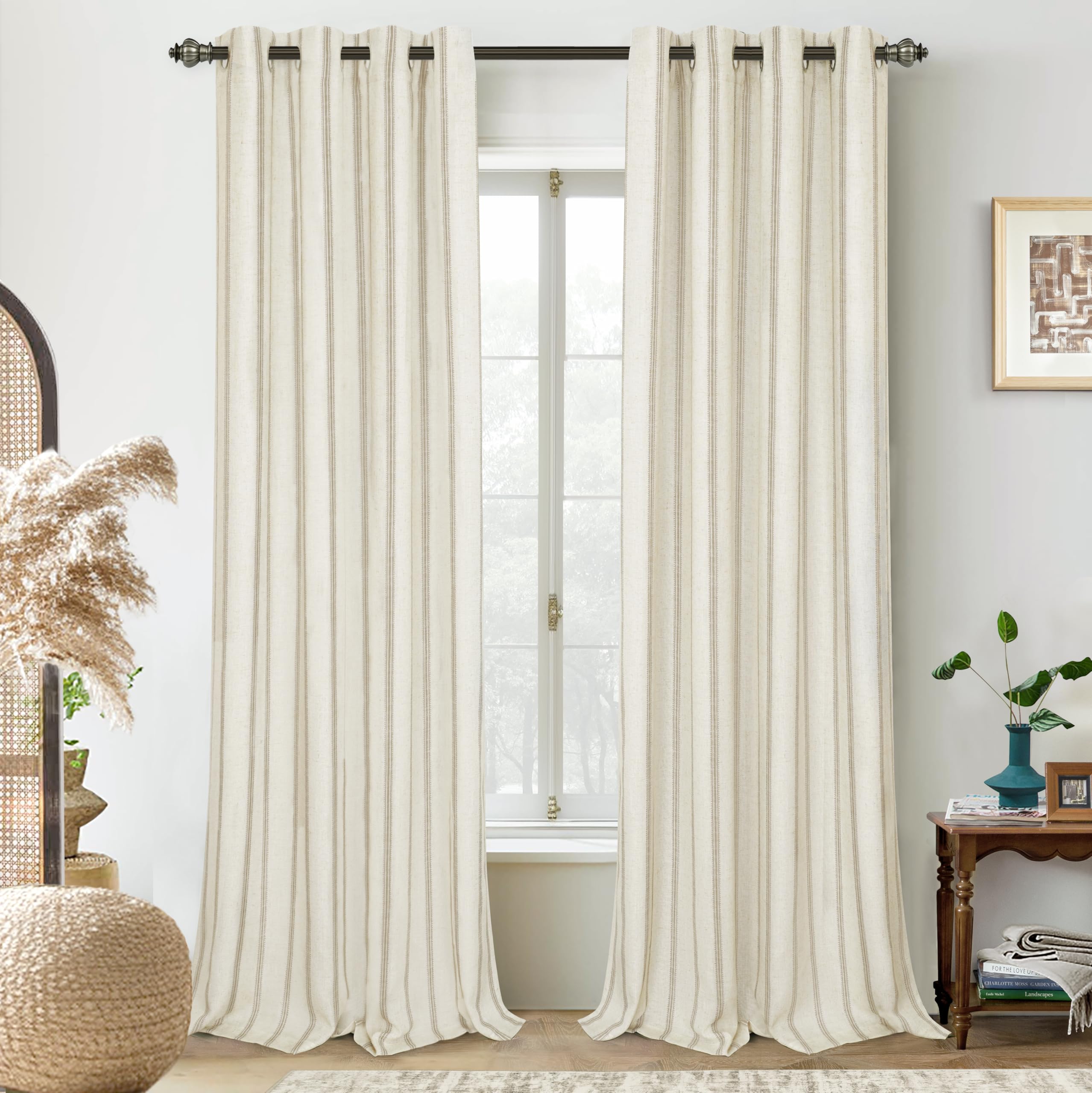 Photo 1 of ** SIMILAR IMAGE UNKNOWN SIZE OR BRAND**DriftAway Farmhouse Linen Blend Blackout Curtains 84 Inches Long for Bedroom Vertical Striped Printed Linen Curtains Thermal Insulated Lined Treatments for Living Room 2 Panels W52 x L84 Camel Beige