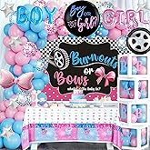 Burnouts or Bows Gender Reveal Decorations, Baby Boy or Girl Gender Reveal Party Decorations, What Will the Baby Be Backdrop Balloon Banner Tablecloth Cake Cupcake Topper Box Sash Pink Blue