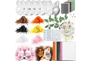 YALARY 42 Pcs DIY Cat Therian Mask Kit with Eye Meshes Faux Fur Strips Artificial Mushrooms Flowers Leaves Decors Gem Stickers, Therian Mask Arts Crafts Kit, Masquerade Halloween Cosplay Party