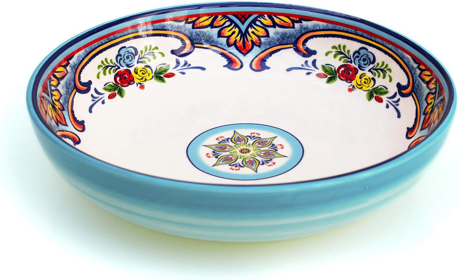 Euro Ceramica Zanzibar Collection Pasta Bowls, Set of 4, Spanish Floral Design, Multicolor Blue: Kitchen & Dining