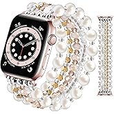 JR.DM Beaded Bracelet Bands for women Compatible with Apple Watch 40mm 38mm 41mm 44mm 42mm(S10/11) Fashion Cute Dressy Stretchy Handmade Strap for iWatch Series 11/10/9/8/7/6/5/4/SE 3/2/1(Pearl Gold)