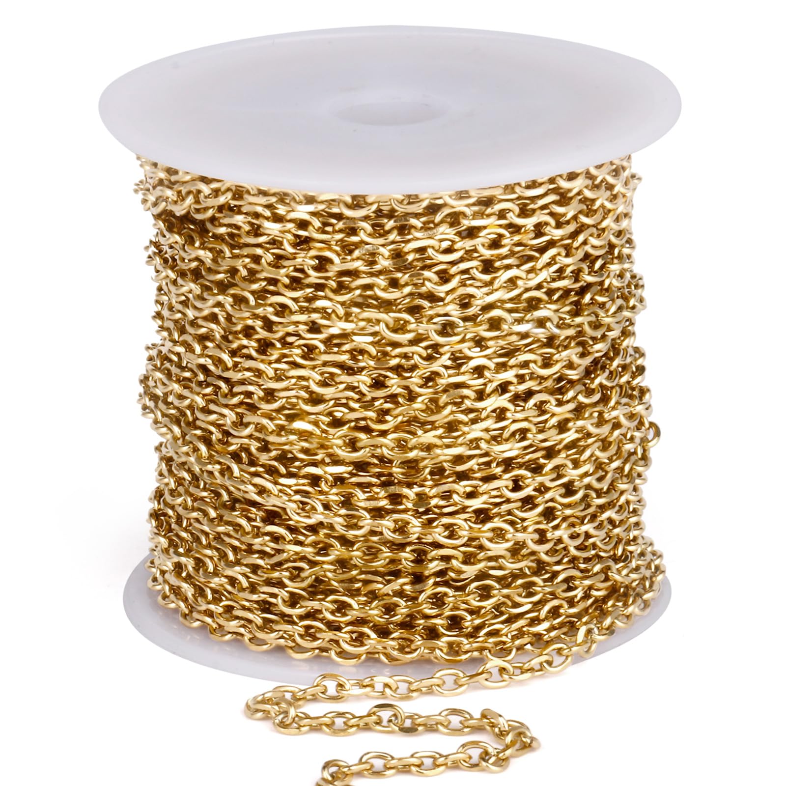 Photo 1 of 33 Feet Gold Rolo Cable Chain Bulk, 3.0mm 18K Gold PVD Plated 304 Stainless Steel Diamond-Cut Oval Rolo Cable Link Chains Roll Spool for Jewelry Making