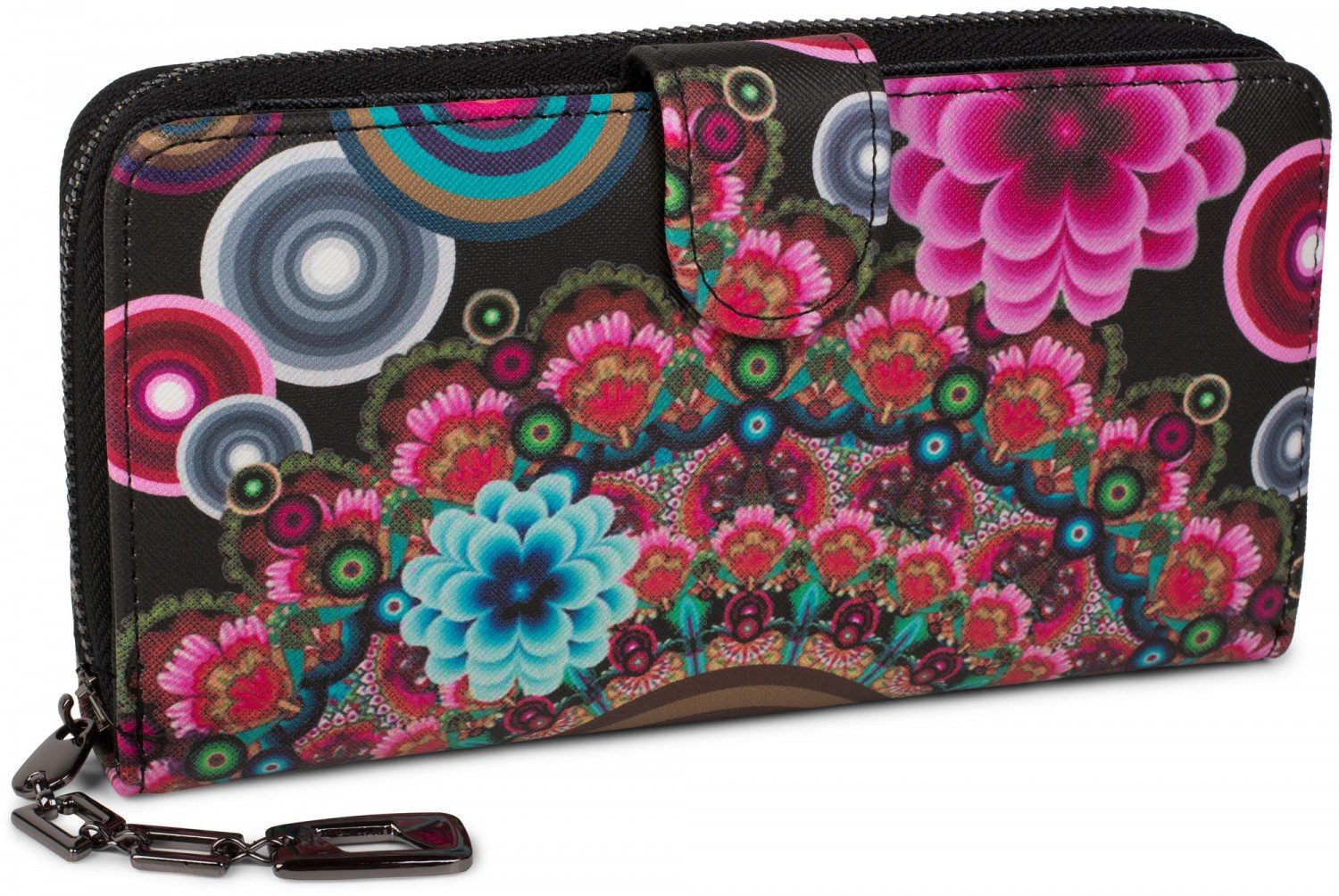 styleBREAKER Ladies Wallet with Colourful Floral Mandala Pattern, Ethno Style, Zip, Purse 02040040, Colour:Black-Red-Pink