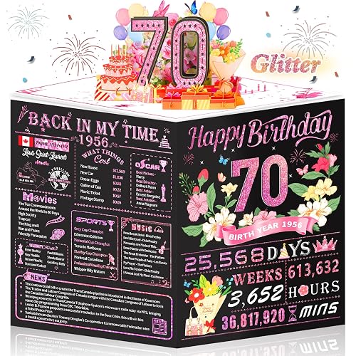 OLOSONG 70th Birthday Cards for Women, 3D Pop Up 70th Birthday Decorations Ideas for Mother Grandma, Rose Gold Happy 70 Year Old Birthday Gifts for Mom Wife Aunt Sister Her, Jumbo Back In 1956