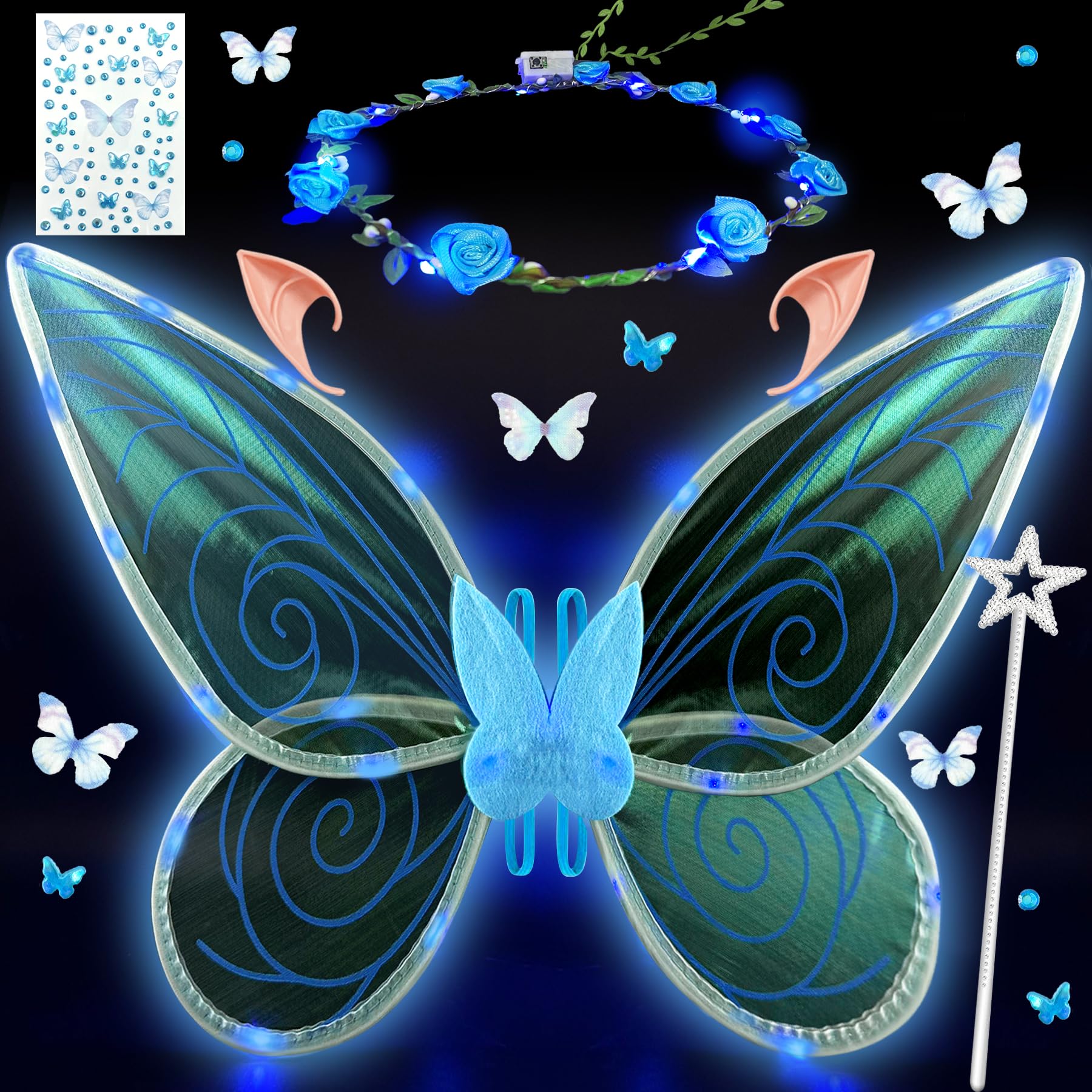 YeahBoom LED fairy wings, luminous butterfly wings with elf ears, LED fairy headband and stars fairy sticks, butterfly wings, princess wings, wings costume for fancy dress or fairy themed parties