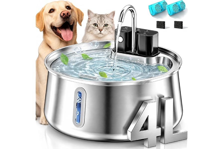 Selene Dog Water Fountain, 4L Stainless Steel Dog Water Fountain with Visual Water Level, Super Quiet Dog Water Bowl, 5-Stage Filtration Pet Water Dispenser, Easy to Clean - 4L