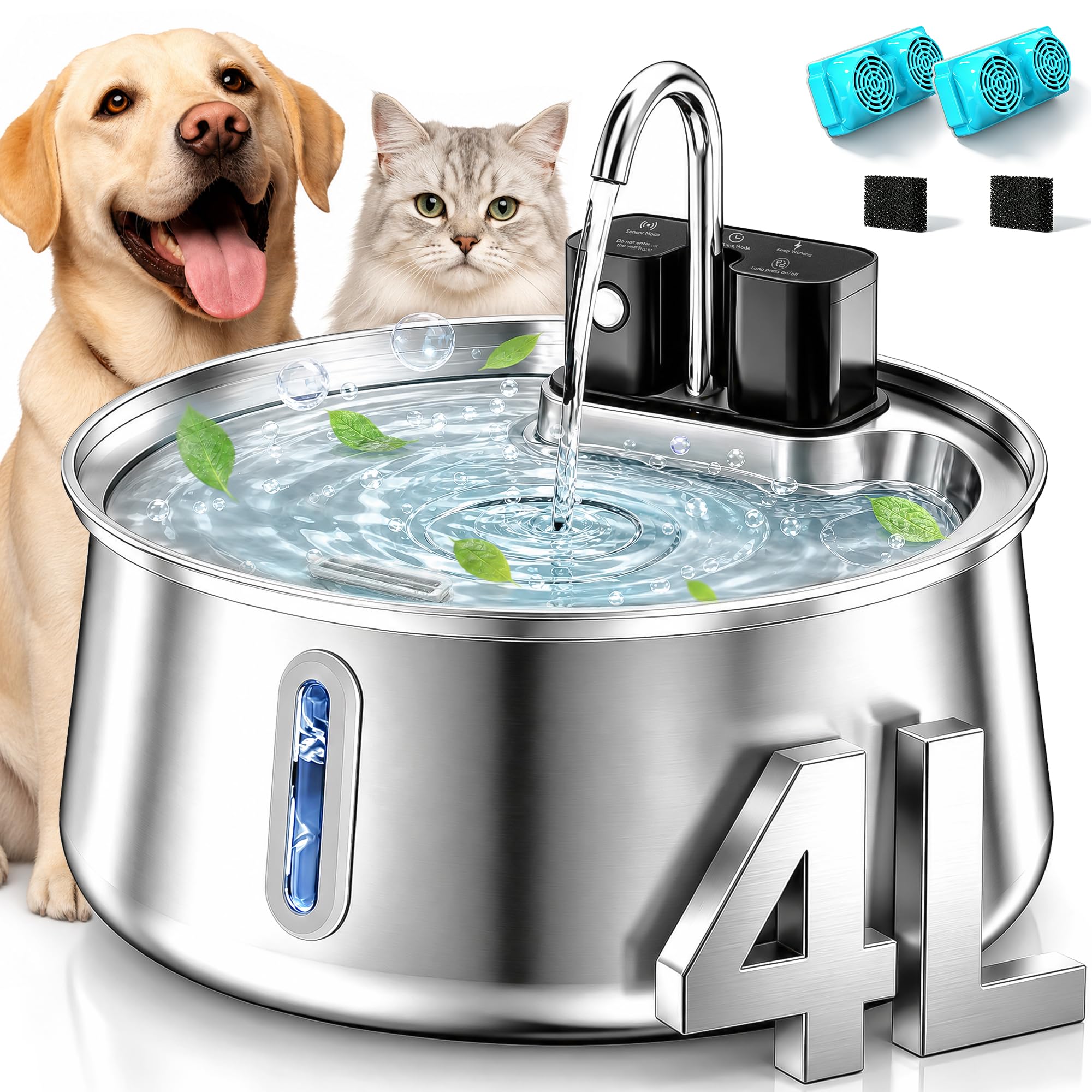 Selene Dog Water Fountain, 4L Stainless Steel Dog Water Fountain with Visual Water Level, Super Quiet Dog Water Bowl, 5-Stage