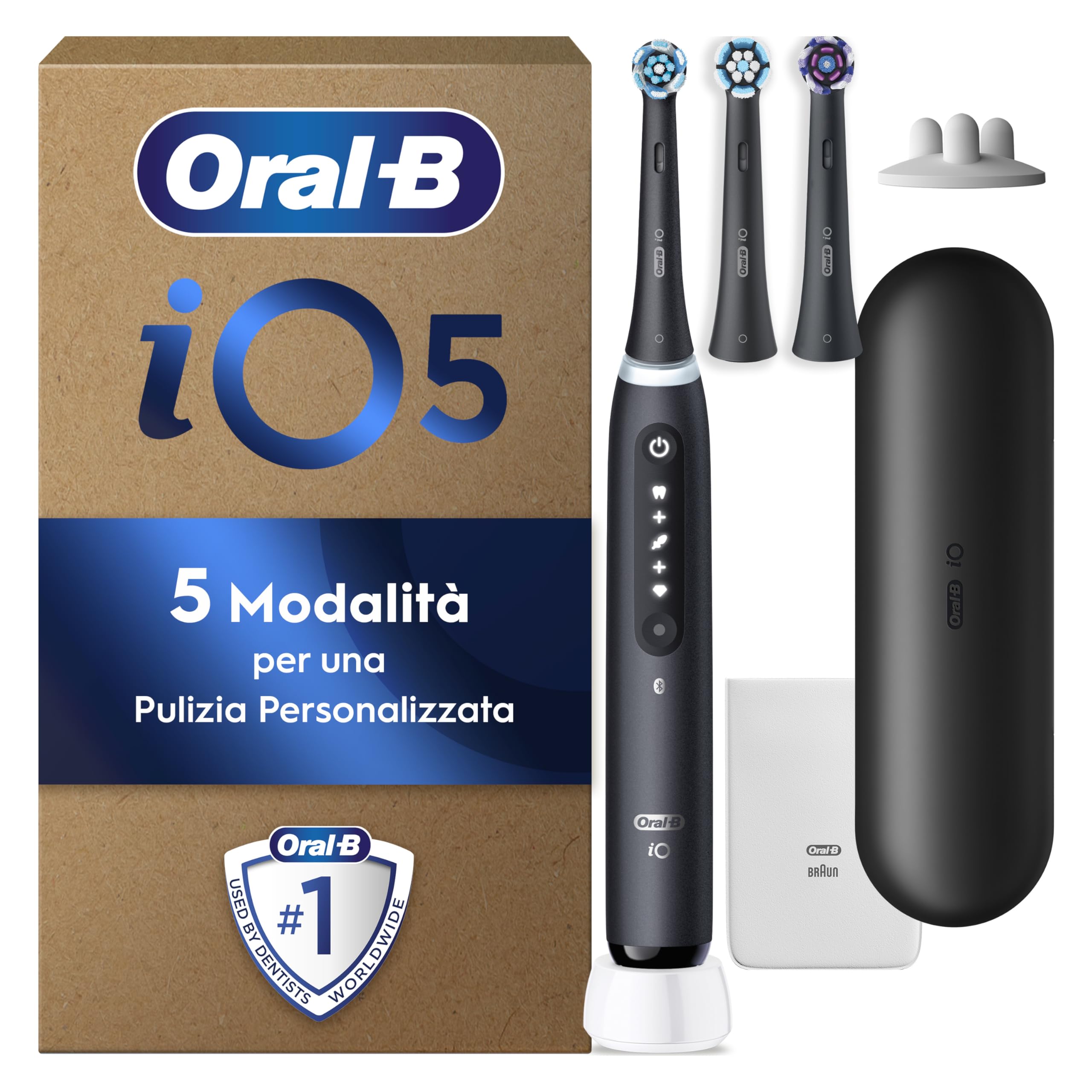 Oral-B Spazzolino Elettrico Ricaricabile iO 5 Nero, 1 Spazzolino Elettrico Oral B, 3 Testine di Ricambio, Custodia Da Viaggio, Pulizia Denti Efficace