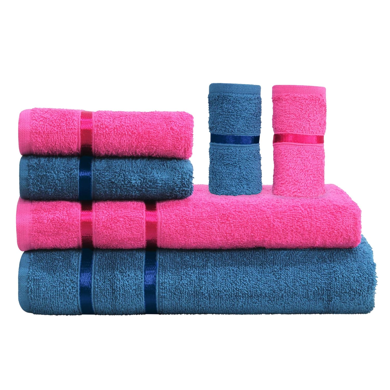 Story@Home 6 Piece Cotton Bath And Hand Towel Set - Pink And Navy