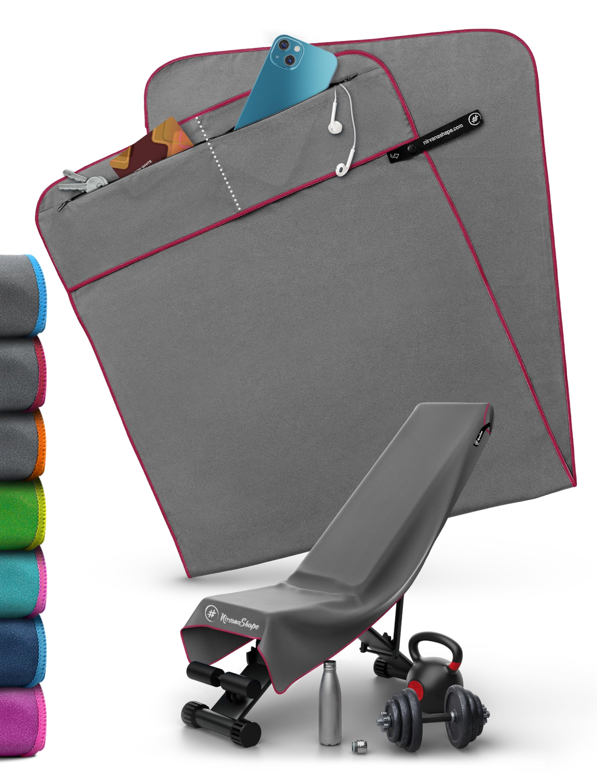 NirvanaShape Gym Towel | Microfibre Gym Towel with Magnetic Clip | Absorbent & Quick-Drying | 125 x 48 cm | Grey with Blue Trim