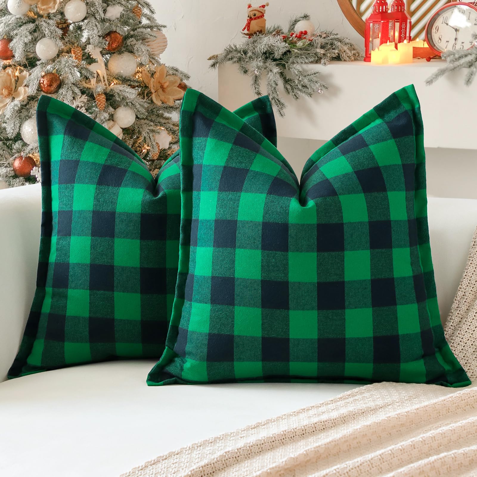 Sungeek Set of 2 Christmas Tartan Cushion Covers 60 x 60 Linen Decorative Buffalo Check Plaid Square Pillow Covers with Stitched Edge for Sofa Couch Bed Living Room 24x24 Inch (Green and Blue)