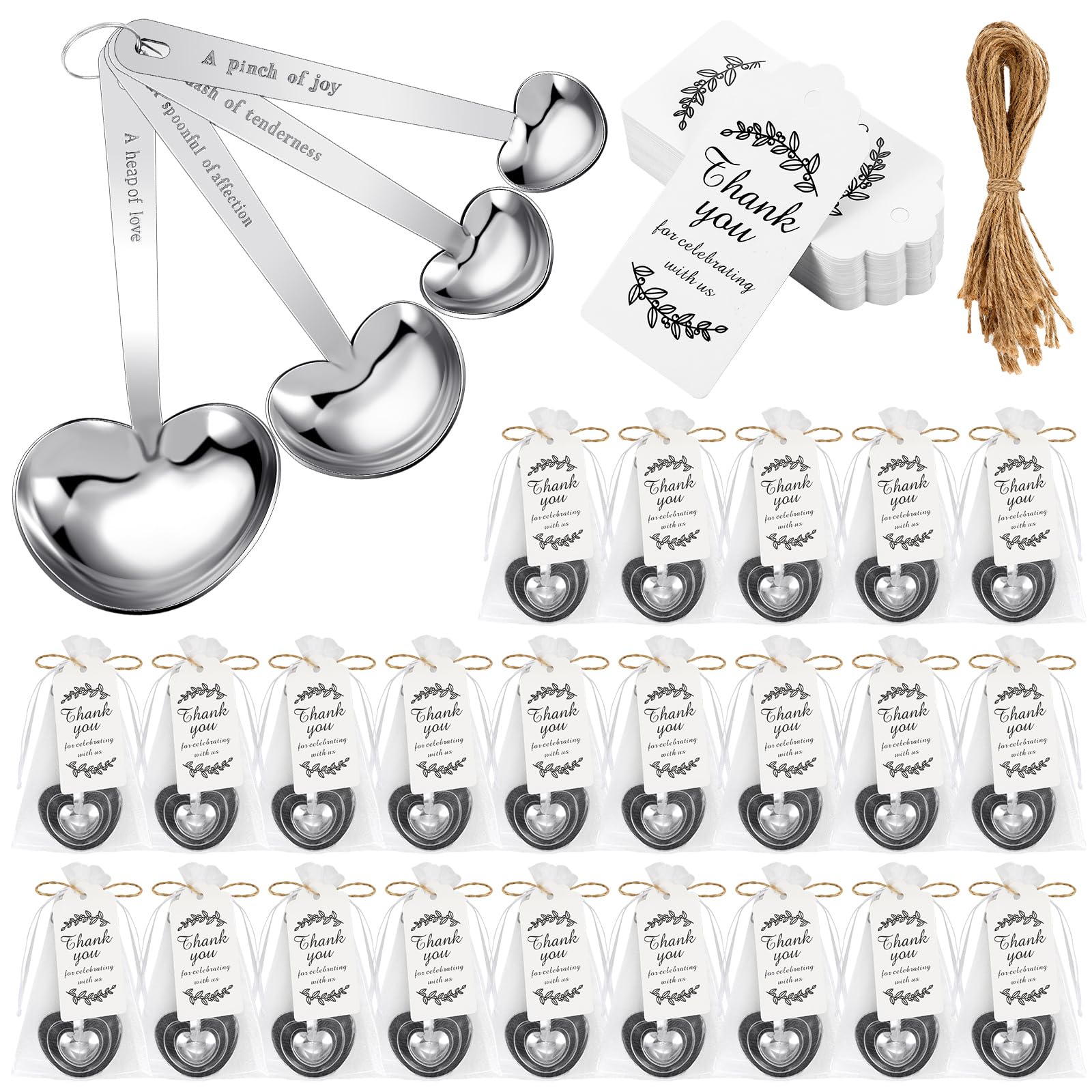 Photo 1 of Umigy 50 Set Heart Shaped Measuring Spoon Tea Spoons Wedding Baby Shower Favors for Guests Set Heart Shape Drawstring Organza Bag Gift Tag Rope for Wedding Bridal Shower Souvenir (Silver)