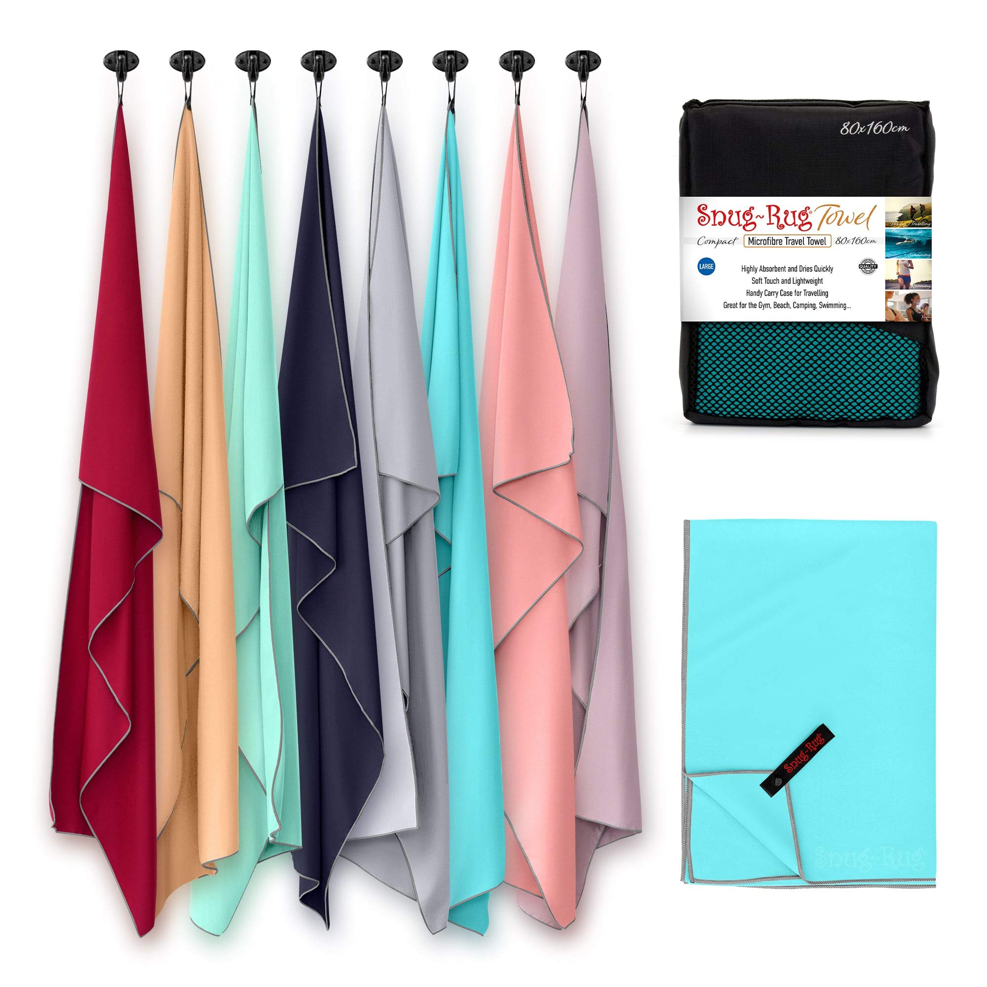 Snug Rug Microfibre Beach Towel Large 80 x 160cm – Super Absorbent Quick Drying Lightweight Sand Proof Beach Towels Crystal Sea Blue