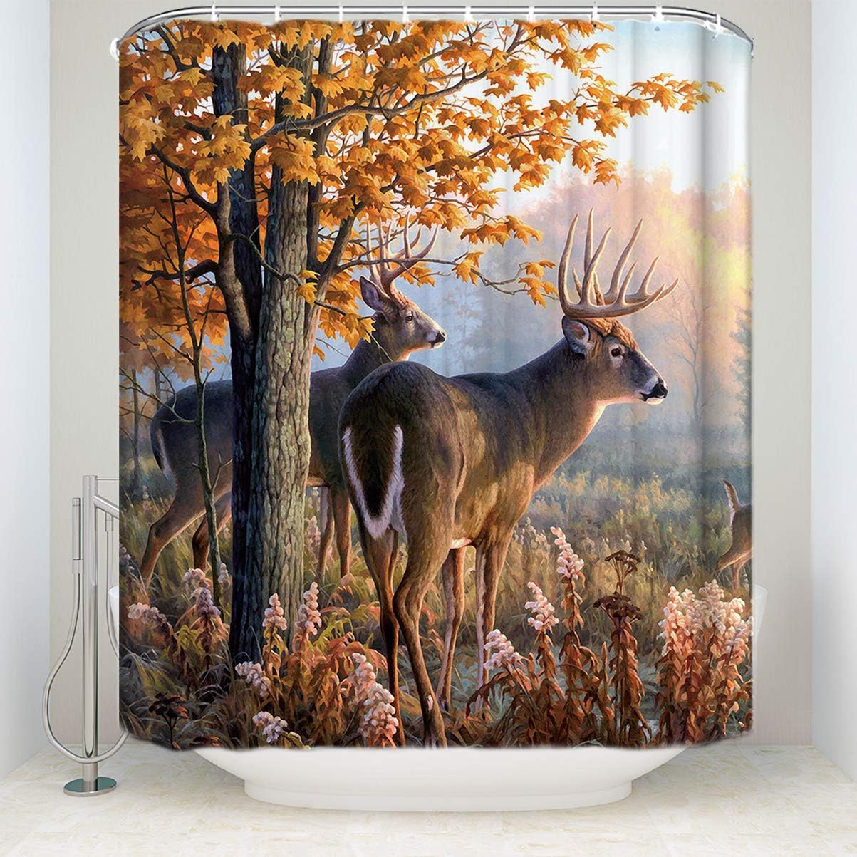 Custom Autumn Nature Wildlife Animal Deers Hunting Waterproof Fabric Bathroom Shower