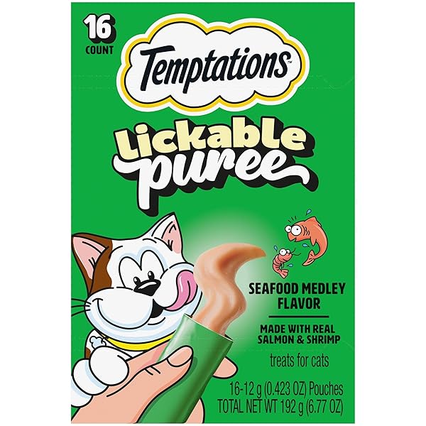 TEMPTATIONS CREAMY PUREE SQUEEZABLE LICKABLE CAT TREATS, WET CAT TREATS WITH SALMON AND SHRIMP, 0.42 OZ. TUBES, 16 COUNT
