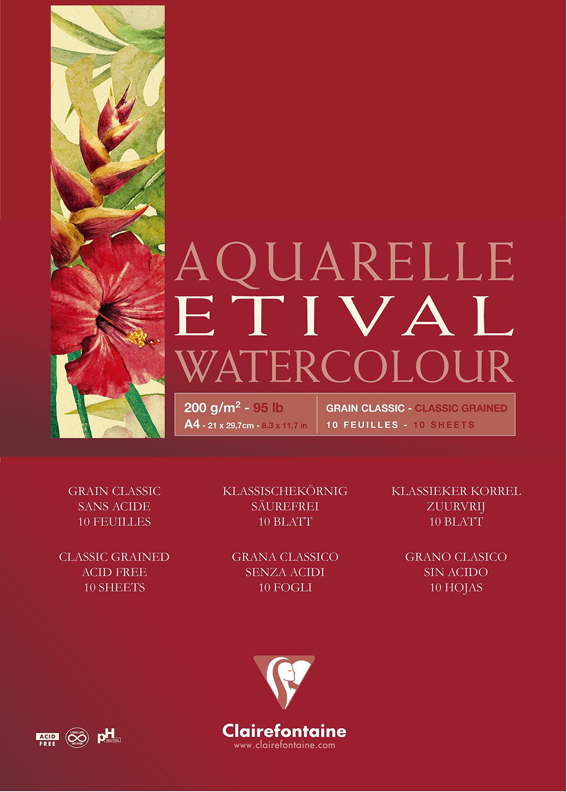 Clairefontaine - Ref 96384C - Etival Classic Grained Wirebound Watercolour Painting & Drawing Pad (10 Sheets of Paper) - A4 (29.7 x 21cm) - 200gsm Cellulose Art Paper