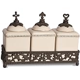 Acanthus Leaf Hope, Love, and Faith Ceramic Jars with Ornate Brown Metal Tray